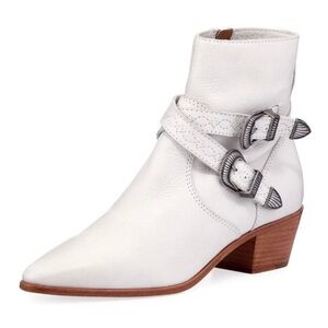 FRYE Ellen Buckle Bootie White Leather Ankle Boots with Silver Hardware